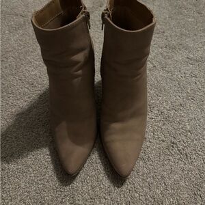 Soda Pointed-Toe Ankle Booties in Taupe